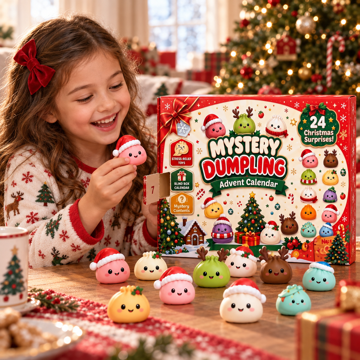 Child opening a daily surprise from the Christmas squishy advent calendar