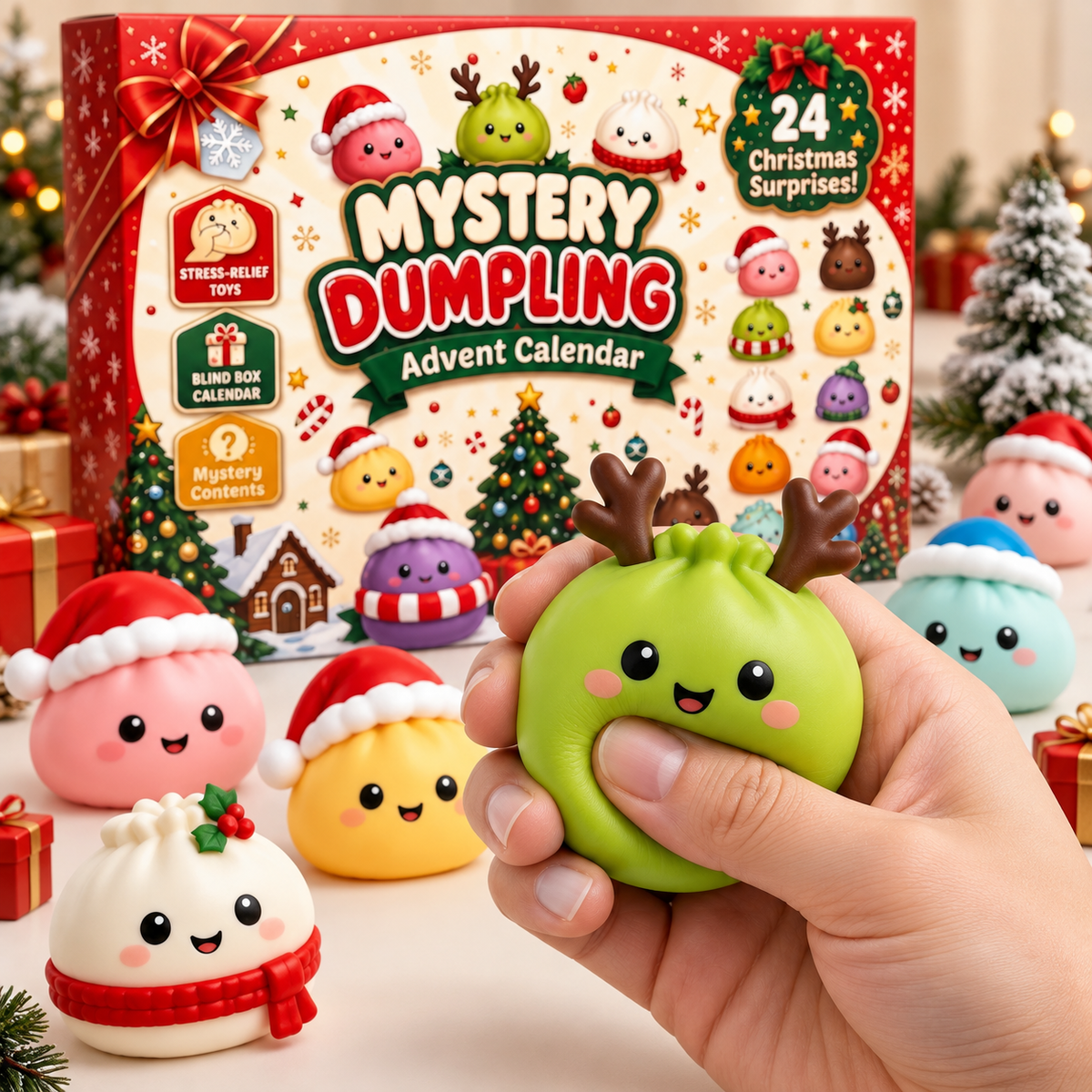 Close-up of a festive dumpling squishy being gently squeezed